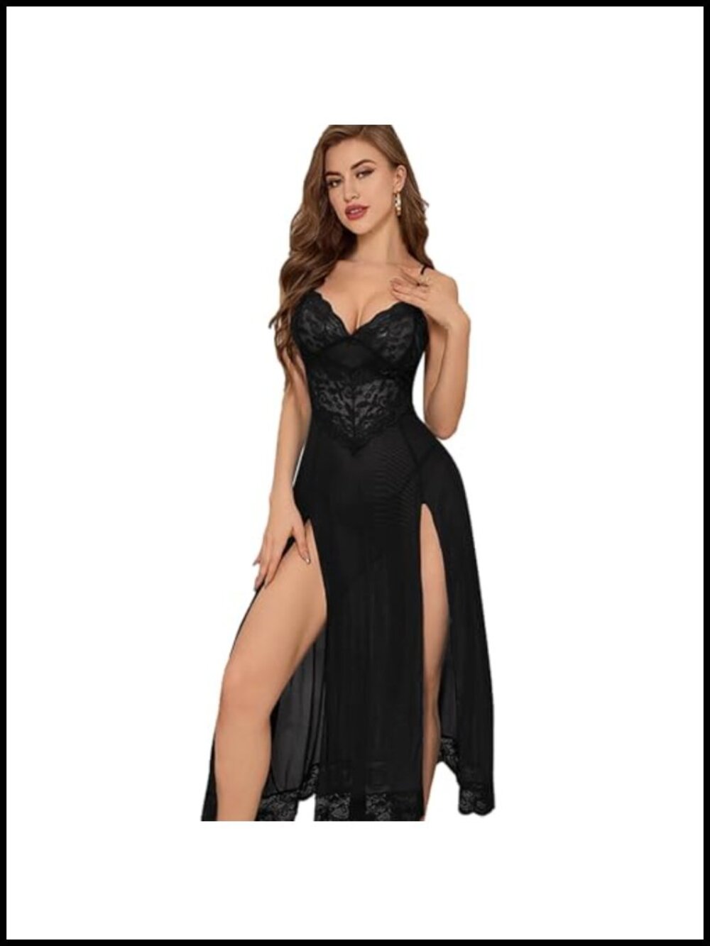 Women Lace Babydoll Chemise Mesh Nightgown 2 Piece Set with G-String